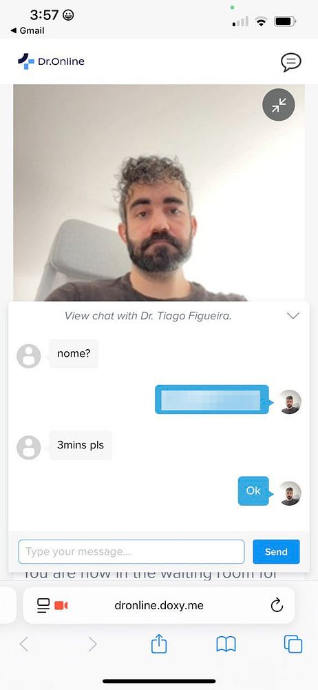 A video chat interface with a doctor, showing a waiting room message and a conversation about scheduling.