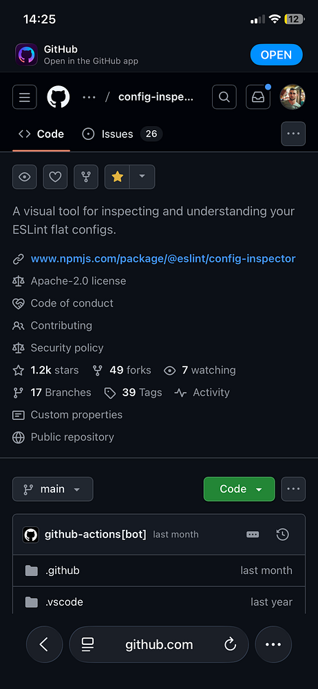 The image displays a GitHub repository page for the ESLint config-inspector project.