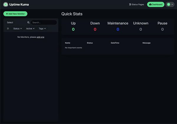 The image displays the dashboard interface of Uptime Kuma, showing quick stats and a monitor list.