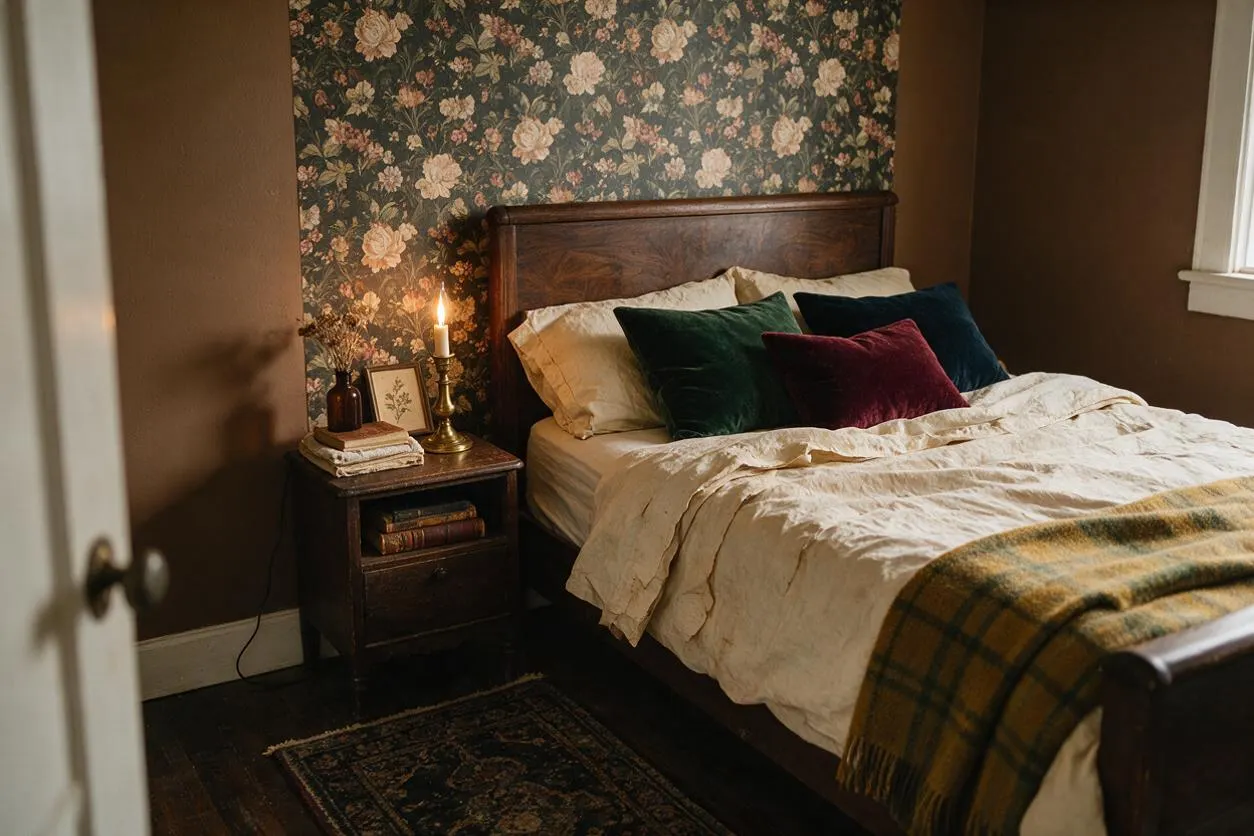 A cozy guest bedroom with a dark wood bed frame, cream rumpled bedding, and jewel-toned velvet pillows against floral wallpaper. A small wooden nightstand holds a lit candle, books, and dried flowers, while brown painted walls and a patterned throw create a warm, scholarly dark academia atmosphere.