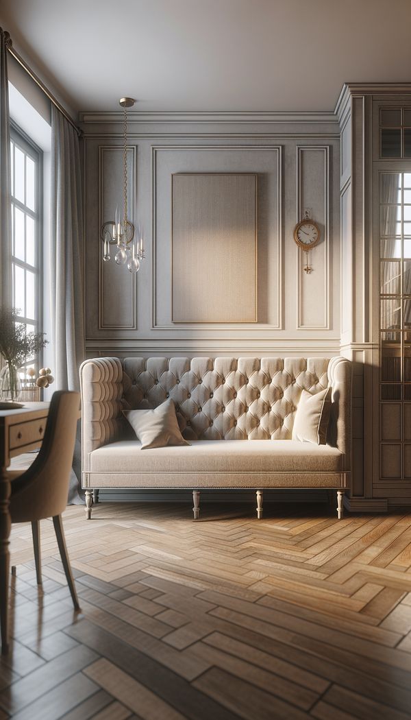 A cozy, upholstered banquette seating against a beautifully designed wall in a dining area, showcasing a modern and intimate feel.