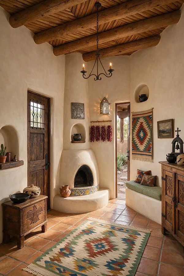 A Southwestern-style entryway with plaster walls, exposed wooden ceiling beams, and terracotta tile flooring. The space includes a carved wood door, a small adobe fireplace, built-in niches, colorful woven textiles, rustic wooden furniture, and a wrought-iron chandelier with candle-style lights.