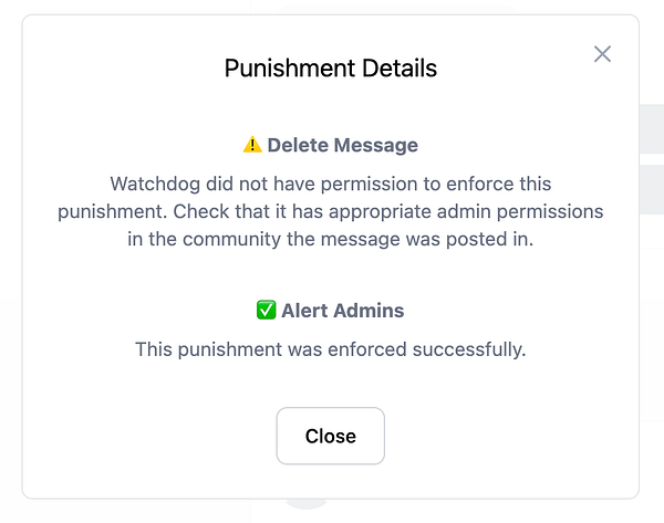 The image displays a modal window detailing the results of a punishment enforcement by the Watchdog system.