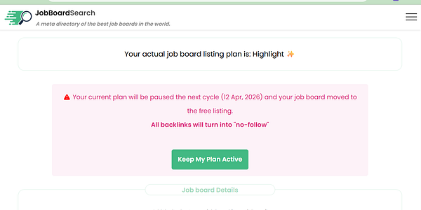 User interface showing a featured job listing paused warning with options to either pause or keep the listing active.