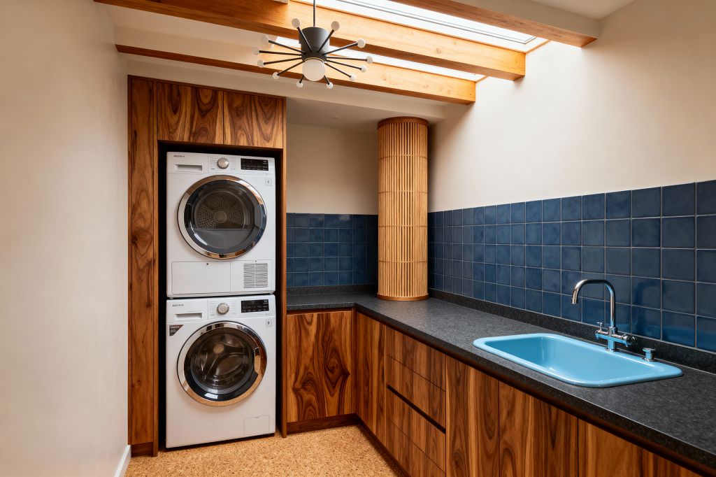 A mid-century modern laundry room with stacked white washer and dryer built into walnut cabinetry at left. An L-shaped run of flat-front walnut cabinets supports a dark charcoal countertop with a powder-blue drop-in sink and chrome faucet. A navy square-tile backsplash lines the wall. A fluted wood column and natural wood ceiling beams frame a skylight, while a black sputnik pendant hangs centrally. The floor is warm cork, and cream walls complete the clean, light-filled space.