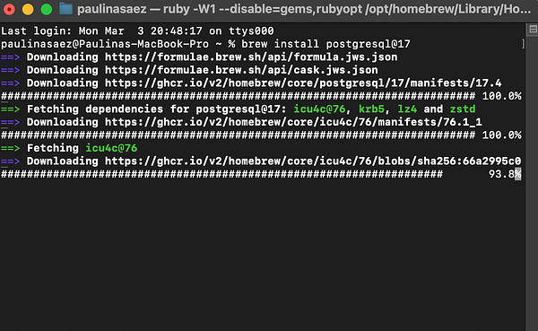 A terminal window displaying the installation process of PostgreSQL on a Mac.