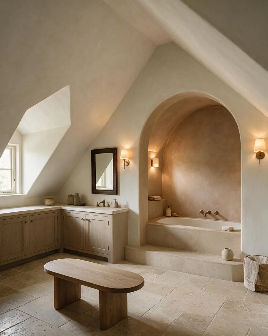 A serene organic modern bathroom with sloped ceilings, a built-in arched bathtub alcove, and pale stone floors. Light wood vanity cabinets, a small oval wooden bench, and warm wall sconces add natural texture and softness.