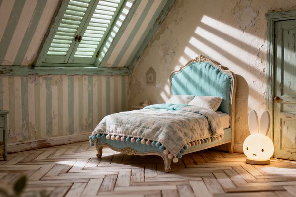 Sunlight streams through mint-painted attic shutters, casting diagonal stripes across a kids’ room with distressed plaster walls and a weathered mint door. A vintage French-style bed with a carved wood frame and seafoam linen headboard is dressed in a floral cotton quilt with pastel pom‑pom trim, set on whitewashed herringbone wood flooring beside a glowing bunny-shaped night light.