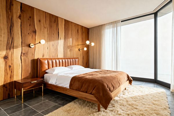 A mid-century modern bedroom features a low teak bed with a cognac, channel-tufted leather headboard set against live-sawn oak wall paneling. A walnut nightstand with brass legs and brass globe sconces sits beside the bed, while floor-to-ceiling corner windows with sheer curtains bring in abundant daylight over charcoal tile flooring and a plush ivory shag rug with crisp white bedding.