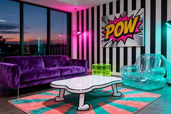 Contemporary living room with a bold black-and-white striped wall topped by a large comic-style artwork reading "POW." A purple velvet sofa sits opposite a glossy white coffee table with cartoon-like black edging on a coral and teal starburst rug, while a translucent aqua inflatable armchair and a neon yellow acrylic cube side table glow under pink and teal accent lighting; floor-to-ceiling windows with dark frames show a sunset sky.