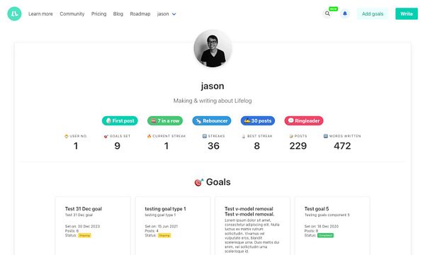 User profile page displaying statistics and goals related to the Lifelog platform.