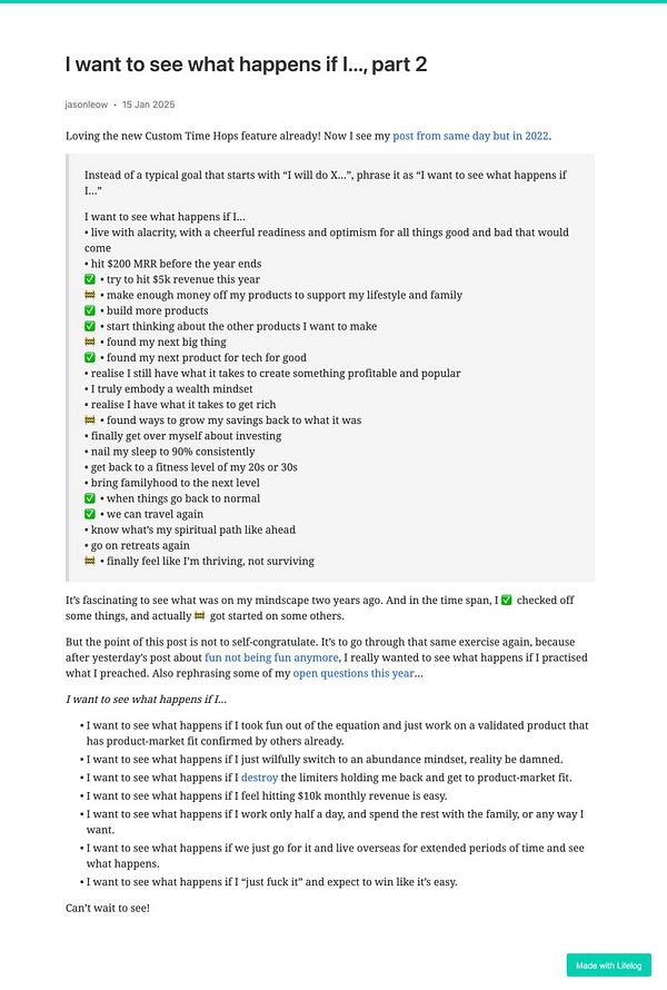 A detailed blog post reflecting on personal goals and aspirations over time.