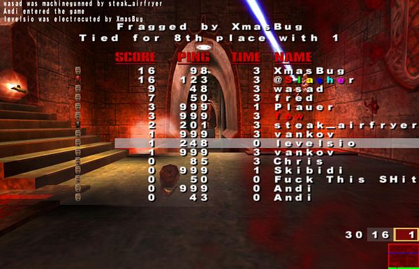 A screenshot of a Quake 3 Arena game in progress showing the player Slasher in the top positions and the game scoreboard overlay.