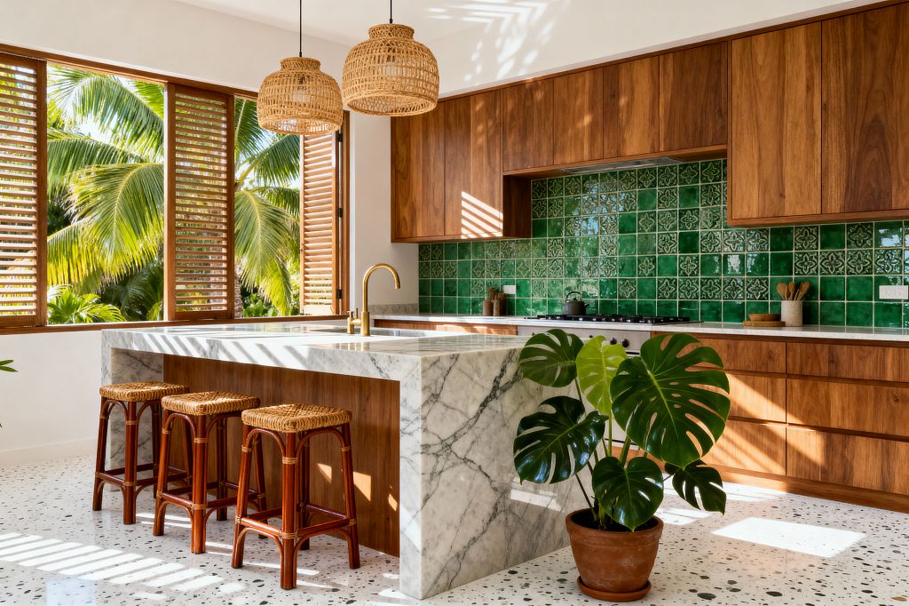 Bright tropical kitchen with large wood louvered windows framing palm trees, warm wood cabinets, and a glossy emerald green tiled backsplash with subtle patterns. A gray-veined marble waterfall island with a brass faucet anchors the space, paired with three rattan-topped stools and two woven pendants on a white terrazzo floor, while a potted monstera adds lush greenery.