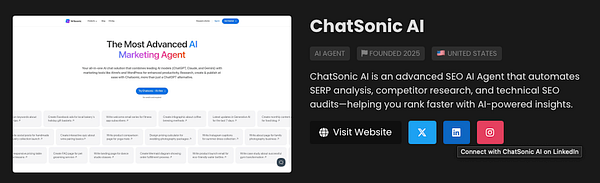The image displays a website interface for ChatSonic AI, highlighting its features and social media links.