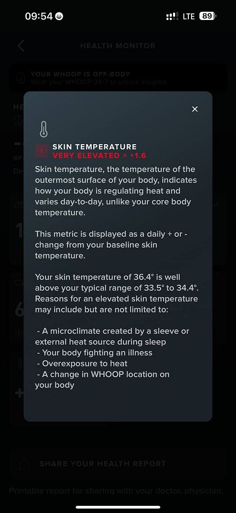 The image displays a health monitoring interface showing elevated skin temperature readings.