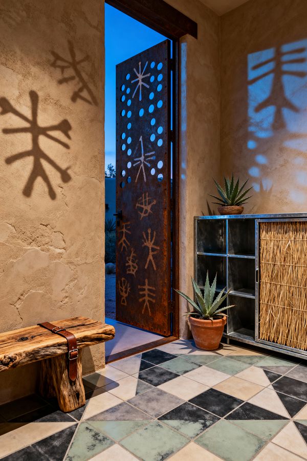 A Southwestern mudroom features hand-troweled tan plaster walls and a rusted steel door with circular and sun-like cutouts that cast shadows on the walls. The floor has geometric cement tiles in sage green, cream, and charcoal. A live-edge wood bench with a leather strap sits on the left, while a galvanized metal cabinet with a woven reed door stands on the right, accompanied by potted agave plants near the doorway.