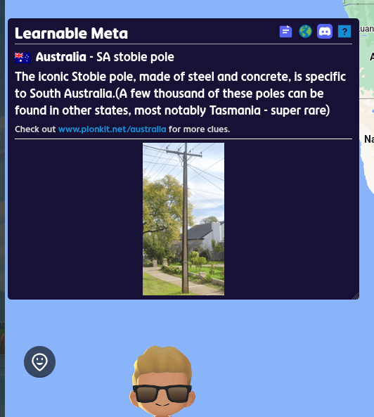 A Geoguessr interface panel describes the South Australian Stobie pole with an accompanying photo and a user avatar below it.