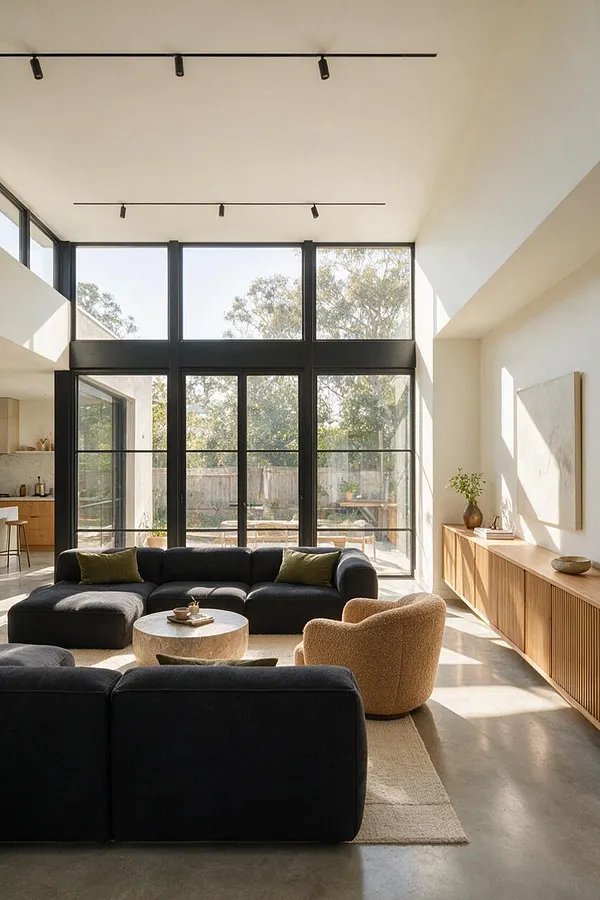 A bright modern sunroom with a tall wall of black-framed glass doors and windows, flooding the room with natural light. The space features low black sectional sofas, a rounded tan lounge chair, a light wood sideboard, and soft neutral finishes with minimal decor.