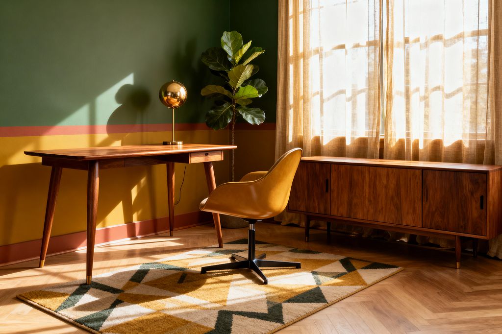 A mid-century modern home office features a walnut desk with tapered legs against a two-tone wall: forest green above mustard yellow, divided by a terracotta stripe. A mustard swivel chair sits on a geometric rug in ochre, cream, and deep green; to the right, a long walnut credenza stands before sunlit sheer linen curtains, while a brass globe lamp and a fiddle‑leaf fig add warm shine and greenery over light herringbone wood flooring.
