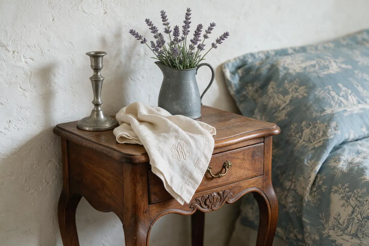 A small vintage wooden nightstand with curved legs stands beside a bed with blue toile bedding. On top are a brass candlestick, a gray metal pitcher holding lavender, and a folded cream monogrammed linen cloth, all set against a textured white wall.