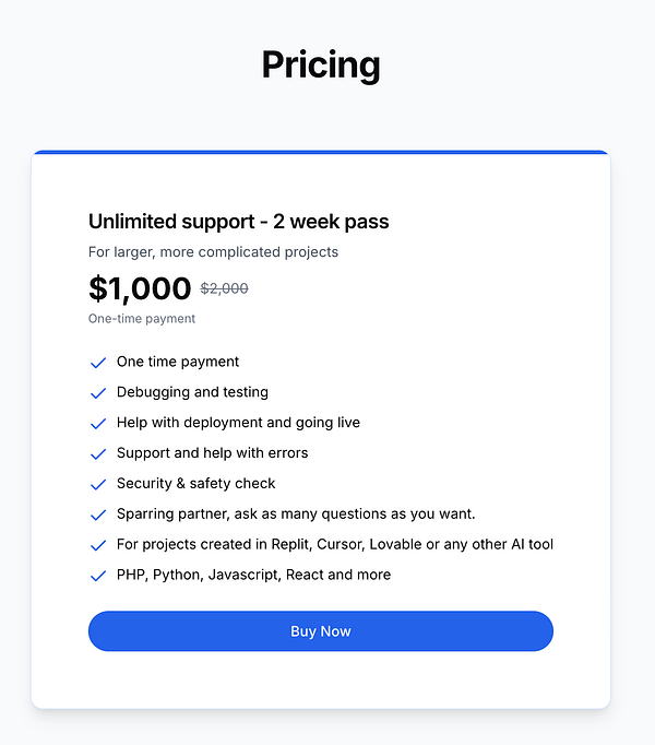 The image displays a pricing plan for a two-week support pass for complex projects.