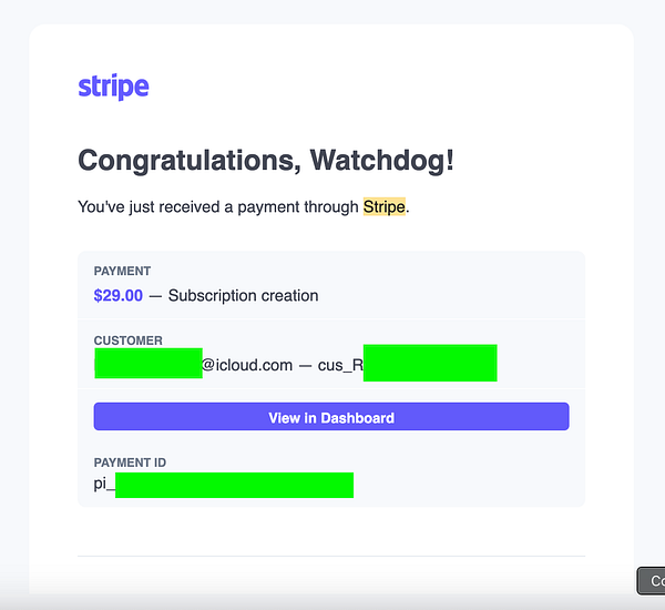 A payment notification from Stripe confirming a new subscription payment.
