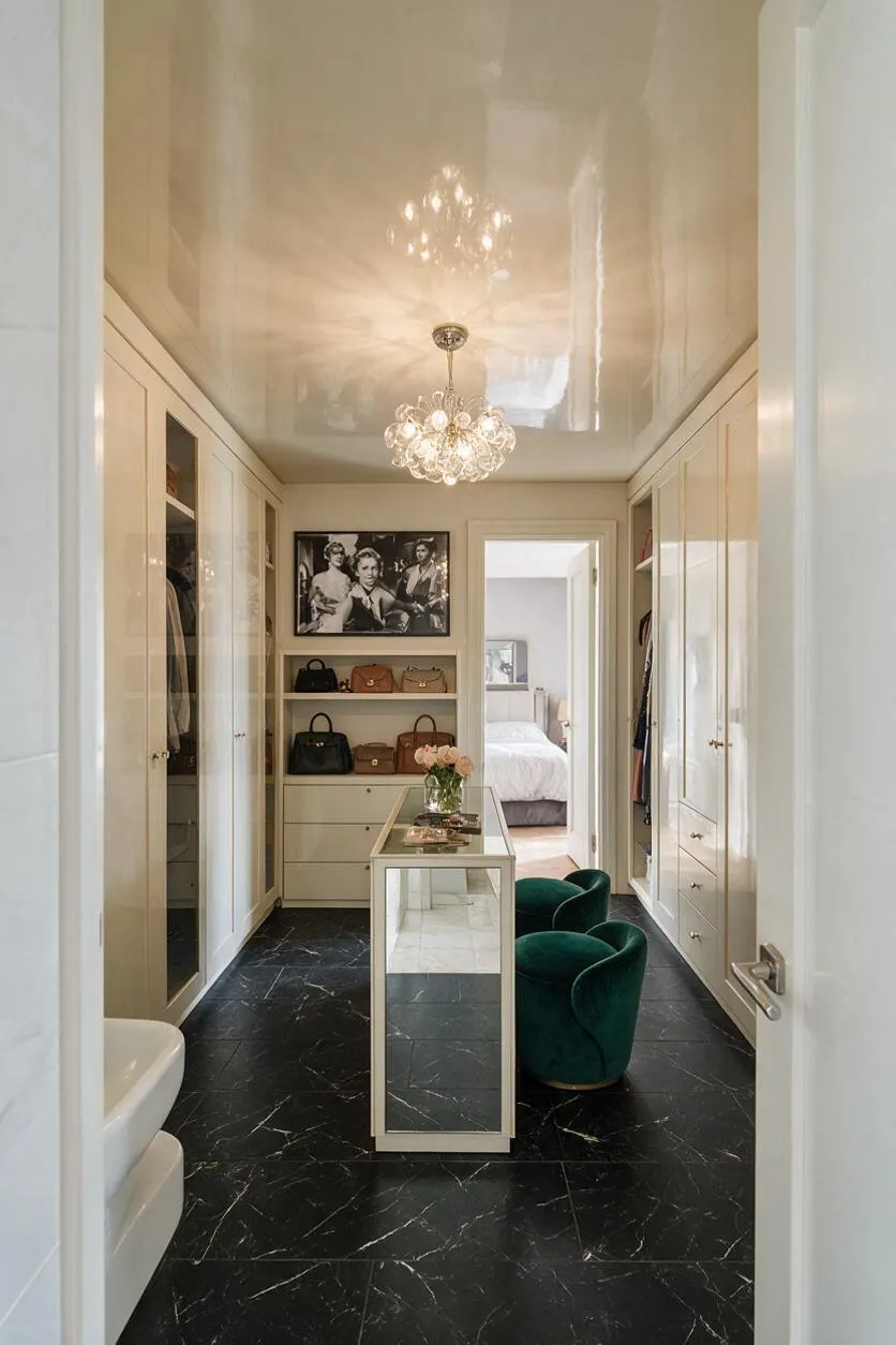 A narrow closet dressed in Hollywood Regency style features glossy cream built-in wardrobes, a mirrored center island, a crystal pendant chandelier, and black marble-look flooring. Velvet green stools, a framed black-and-white portrait, and neatly displayed handbags add glamour and sophistication.