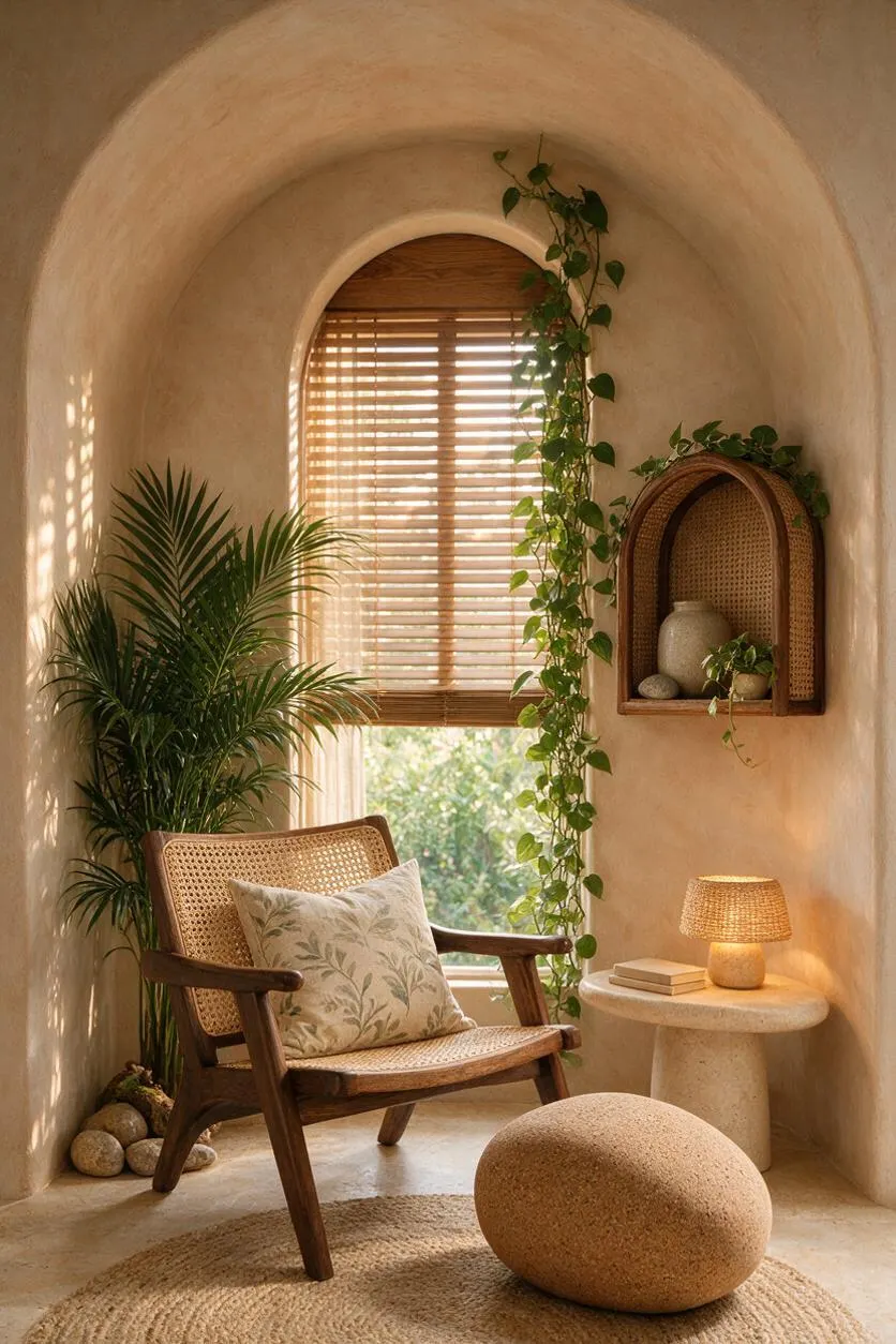 A small biophilic backyard nook with curved plaster walls, an arched window fitted with bamboo blinds, and warm sunlight filtering through. The space includes a woven lounge chair with a patterned cushion, a stone side table with a woven lamp, trailing greenery, potted palms, and natural accent decor in soft beige and wood tones.