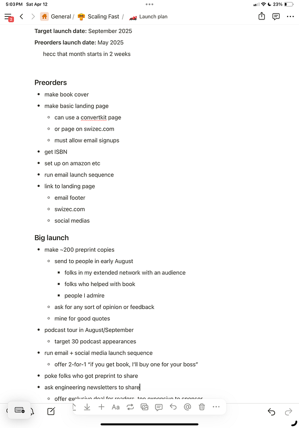The image displays a detailed launch plan for a book project, outlining preorders and big launch strategies.