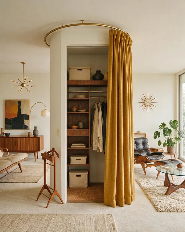 A Mid-Century Modern closet nook with open walnut shelving and hanging space, concealed by a heavy mustard-yellow curtain on a curved brass rod. The surrounding room features warm wood furniture, a black leather lounge chair, and soft neutral walls, creating a cozy, sculptural atmosphere.