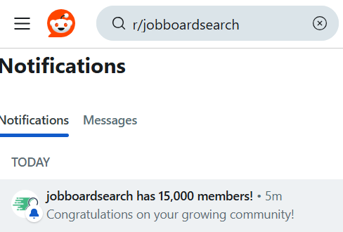 The image displays a notification from the subreddit r/jobboardsearch celebrating its membership milestone.