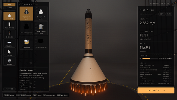 Interface of a space simulation builder showing a rocket design with component selection and mission control details.