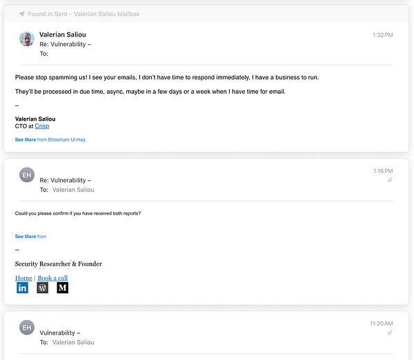 An email exchange between Valerian Saliou and a security researcher regarding reported vulnerabilities.