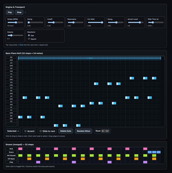 The image displays a digital audio workstation interface for music production, featuring a sequencer and various sound parameters.