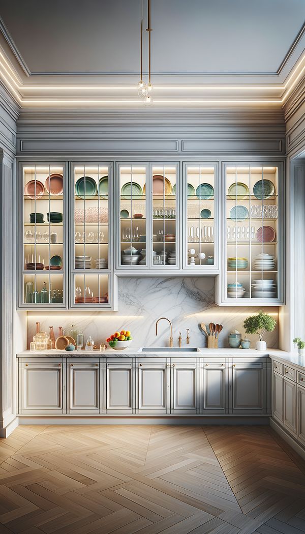 A modern kitchen with sleek, white cupboards featuring glass doors, displaying colorful dishes and glassware inside. The cupboards are installed above a marble countertop, with elegant lighting illuminating the interior.