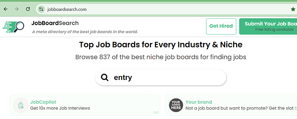 Screenshot of a job board website displaying multiple job listings and navigation options.