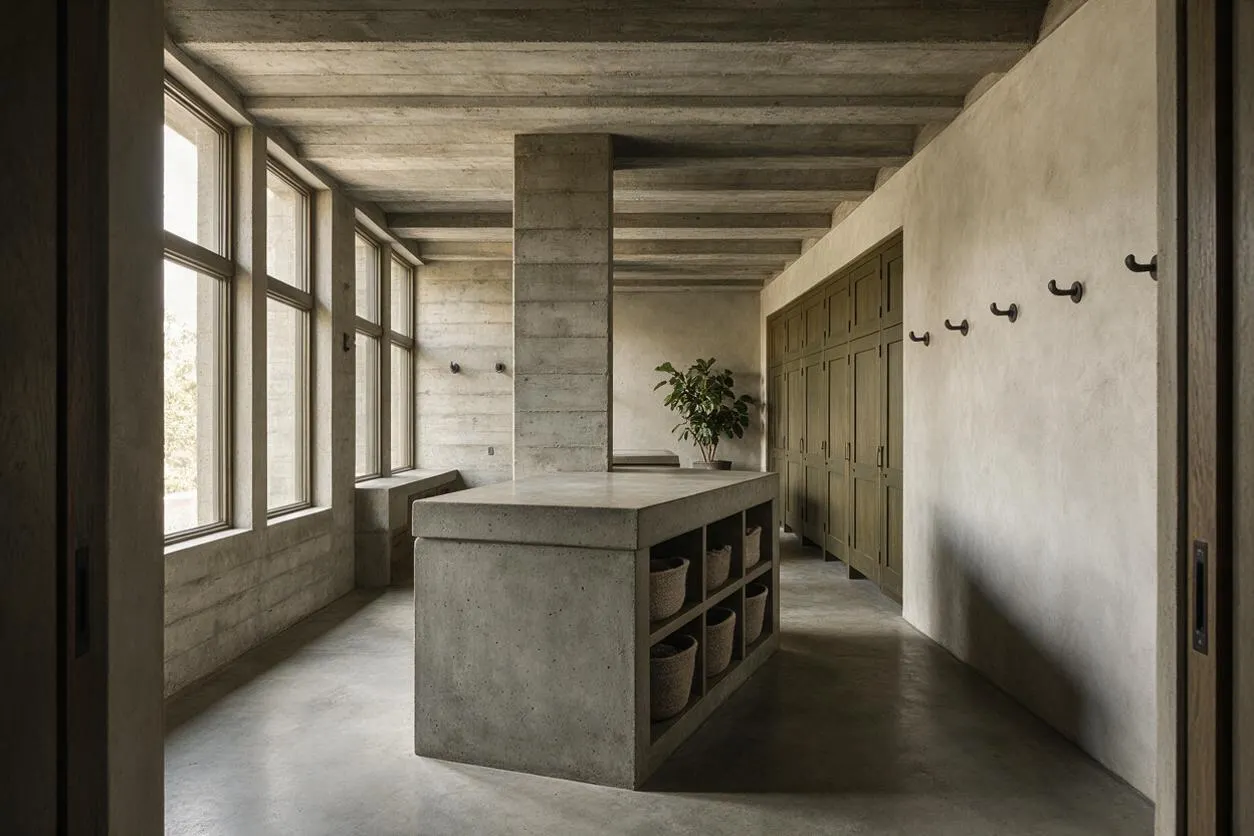 A Brutalist-style laundry room with exposed concrete walls and ceiling beams, tall windows on the left, a central concrete island with open storage baskets, and olive-toned built-in cabinets along the right wall. The space is minimal, earthy, and softly lit by natural light.