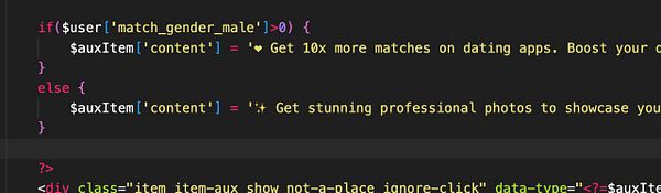 The image displays a code snippet that dynamically changes ad text based on user gender.