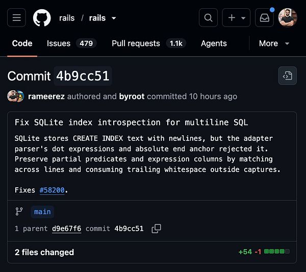 Screenshot of a GitHub pull request merge confirmation window showing successful commit merge to Rails repository.