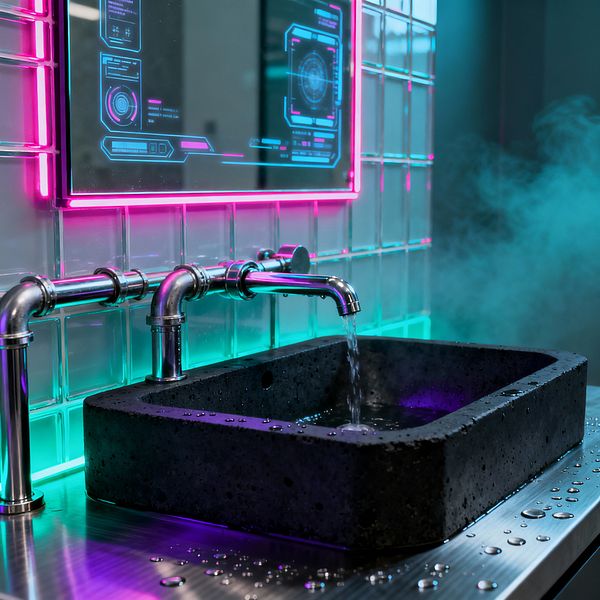 A cyberpunk-style bathroom vignette shows a rectangular black concrete sink on a brushed stainless-steel counter, with water streaming from a wall-mounted stainless pipe faucet. Behind it, translucent glass-block tiles are illuminated by cyan and magenta LED light from a mirror trimmed with neon and displaying futuristic interface graphics. Droplets scatter across the counter and a faint mist rises, emphasizing the industrial, high-contrast atmosphere.