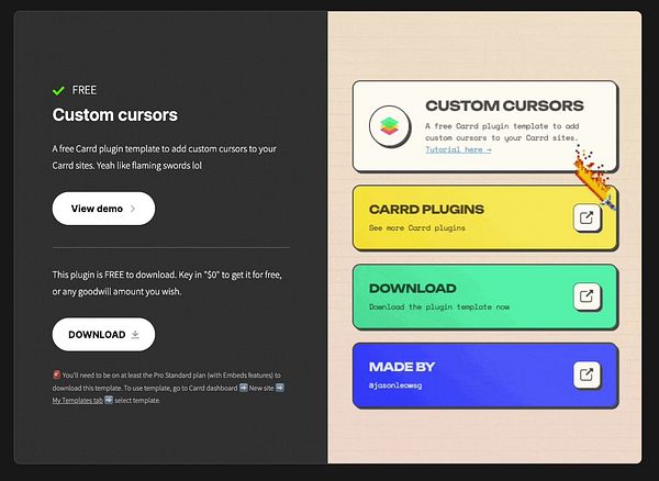 Screenshot of a Carrd plugin page showcasing the custom cursors plugin with a set of examples and descriptions.