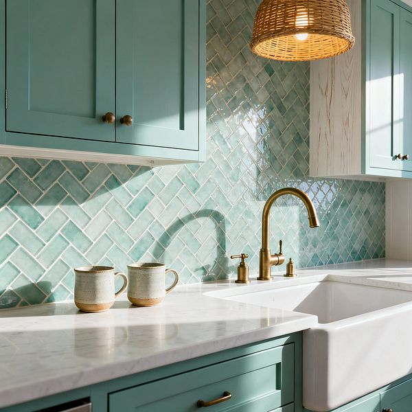 A bright coastal kitchen vignette shows seafoam green Shaker cabinets with small brass knobs and pulls, a white ceramic apron-front sink, and a curved brass faucet. The backsplash features glossy aqua, handmade-look ceramic tiles set in a herringbone pattern, paired with a white stone countertop holding two speckled stoneware mugs; a woven rattan pendant and a whitewashed wood cabinet end panel add natural texture, while sunlight reflects across the tiles to create a soft, beachy glow.