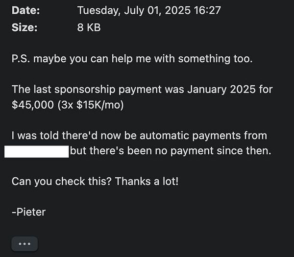 The image displays a message regarding a sponsorship payment inquiry.