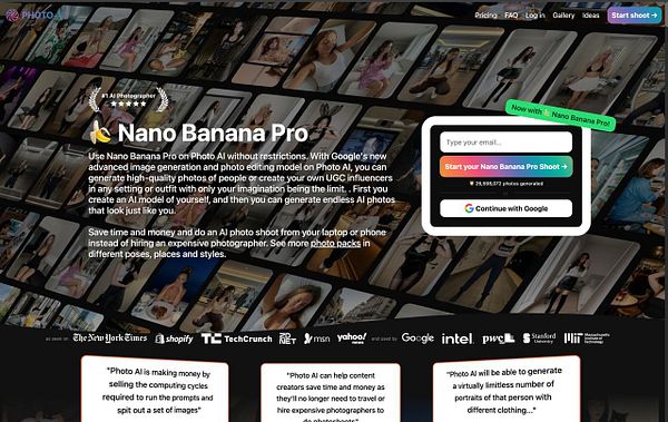 The image features a promotional webpage for Nano Banana Pro, showcasing its AI photography capabilities.