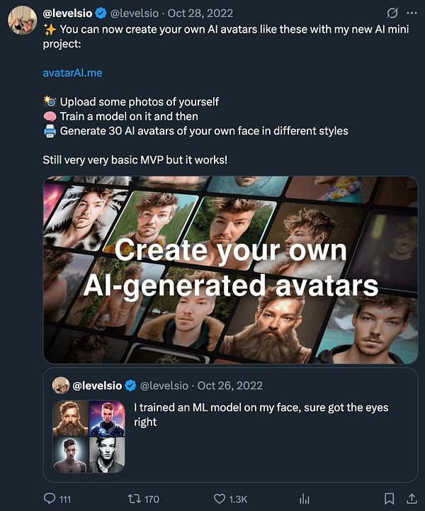 The image features a promotional tweet about creating AI-generated avatars using a new project.