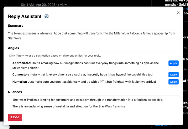 The image displays a user interface for a Reply Assistant tool, providing suggestions for responding to a tweet about transforming everyday items into the Millennium Falcon.