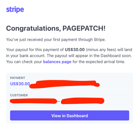 A notification from Stripe confirming the first payment received by PAGEPATCH.
