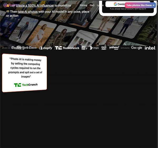 Landing page of a website with a blurred hero image placeholder and a text input field labeled 'Bring to life your best idea with AI.'