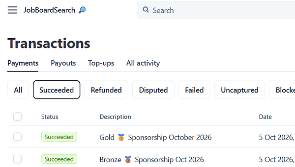 Payment transactions list showing succeeded sponsorship payments for Gold and Bronze tiers in October 2026.